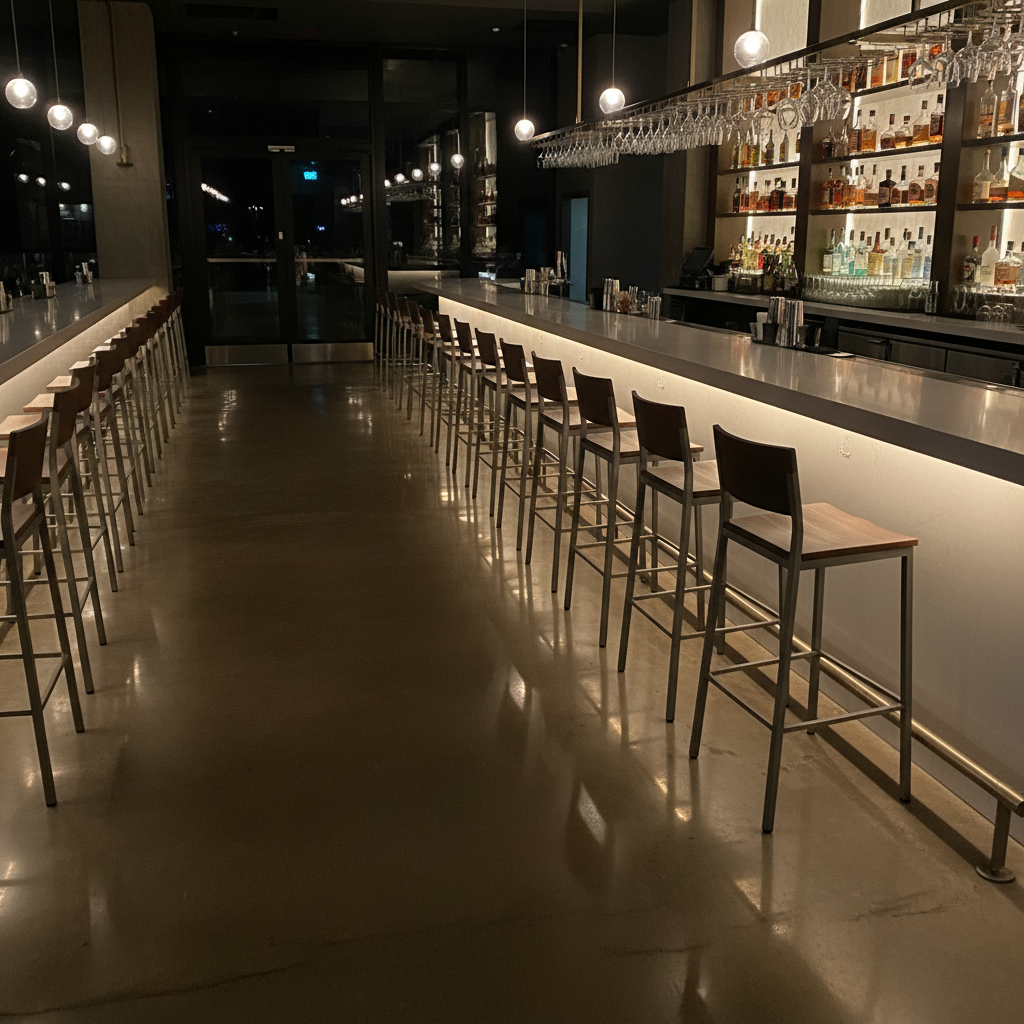 A night-time interior of a stylish bar in San Diego’s entertainment district, captured just after closing following a thorough janitorial cleaning. The polished concrete floor reflects the soft glow of under-bar lighting and accent LEDs along the shelves, with no spills or footprints in sight. Barstools are neatly aligned along a spotless stone countertop, whose surface shows smooth, streak-free reflections of bottles and glassware arranged in the background. Taken from a slightly low angle looking down the bar’s length, the photographic image emphasizes depth and symmetry. The mood is calm and quietly luxurious, emphasizing reliability and attention to detail in cleaning after busy service hours.