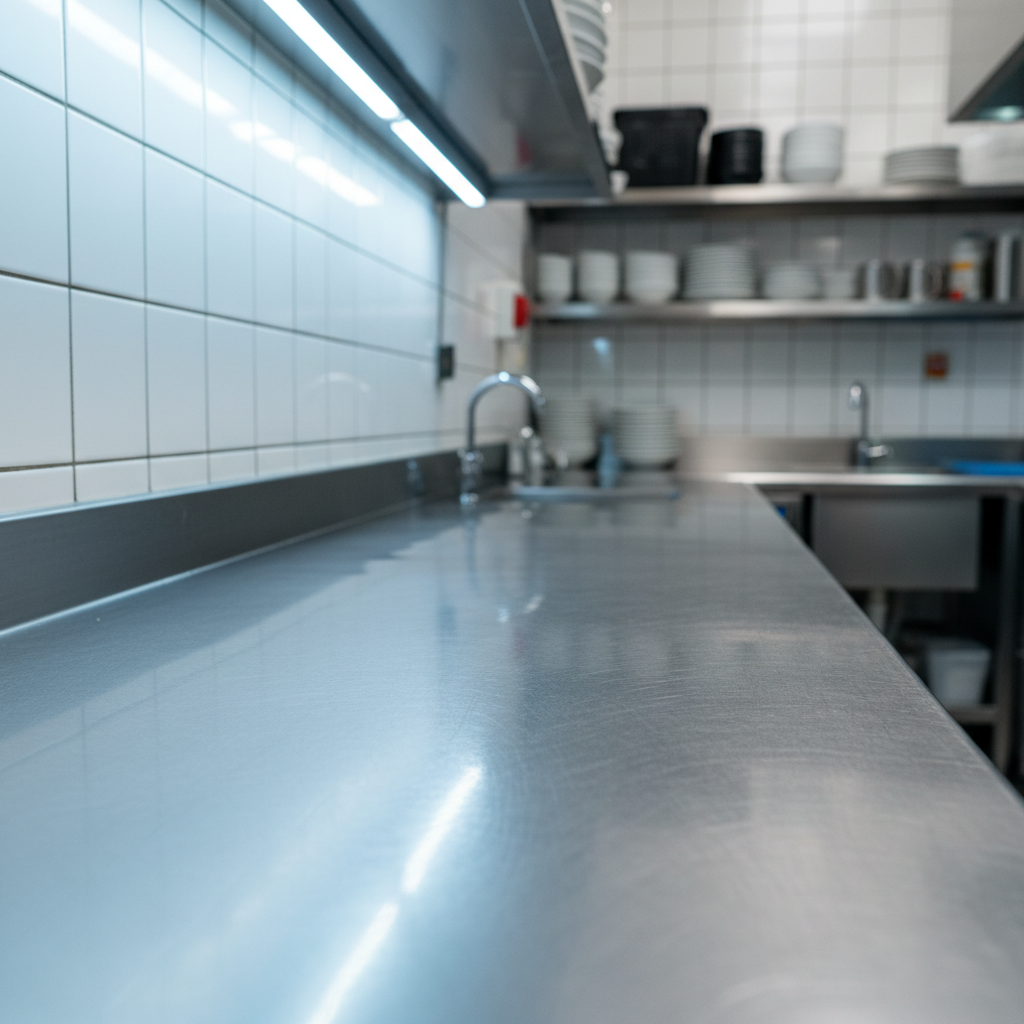 A close-up, photographic view of a commercial kitchen preparation counter in a restaurant, showing a stainless steel work surface that is perfectly sanitized and free of streaks, smudges, or food residue. The metal has a soft, even sheen with subtle brushed texture, and nearby tiled backsplash surfaces appear uniformly clean and bright. Under-cabinet LED lights cast crisp, cool illumination that highlights every edge and corner, suggesting thorough, detailed cleaning. Shot at a shallow angle with selective focus on the spotless steel, the background fades into a gentle blur of sinks and equipment. The mood is clinical yet inviting, conveying food-safe hygiene and meticulous janitorial standards for restaurant clients.