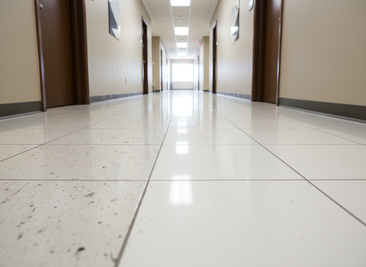 A dramatic before-and-after scene of a commercial hallway floor, divided diagonally through the frame. On one side, the tile appears dull, scuffed, and lightly marked; on the other, the same tiles are freshly cleaned, glossy, and uniformly bright, with reflections of overhead lights clearly visible. Subtle signage and doorways along the walls indicate an office building environment without using text. Overhead fluorescent lighting casts consistent illumination, making the transformation unmistakable. Photographed from a low angle looking down the corridor, the composition draws the eye toward the vanishing point while emphasizing the contrast in surface condition. The mood is confident and results-focused, showcasing the impact of professional janitorial cleaning services.