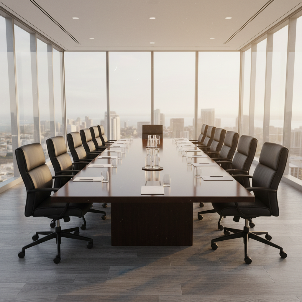 A sleek, glass-walled conference room in a high-rise San Diego office building, captured in photographic realism just after a professional cleaning. The long conference table has a flawlessly polished surface, showing soft reflections of the neatly aligned chairs. The floor—either low-pile commercial carpet or luxury vinyl plank—is entirely free of debris and appears freshly vacuumed or mopped, with subtle texture visible. Large windows reveal a hint of city skyline while letting in diffused afternoon light that gently illuminates every corner. The composition uses the rule of thirds, with sharp focus from foreground to background, creating an atmosphere of order, professionalism, and readiness for important meetings.