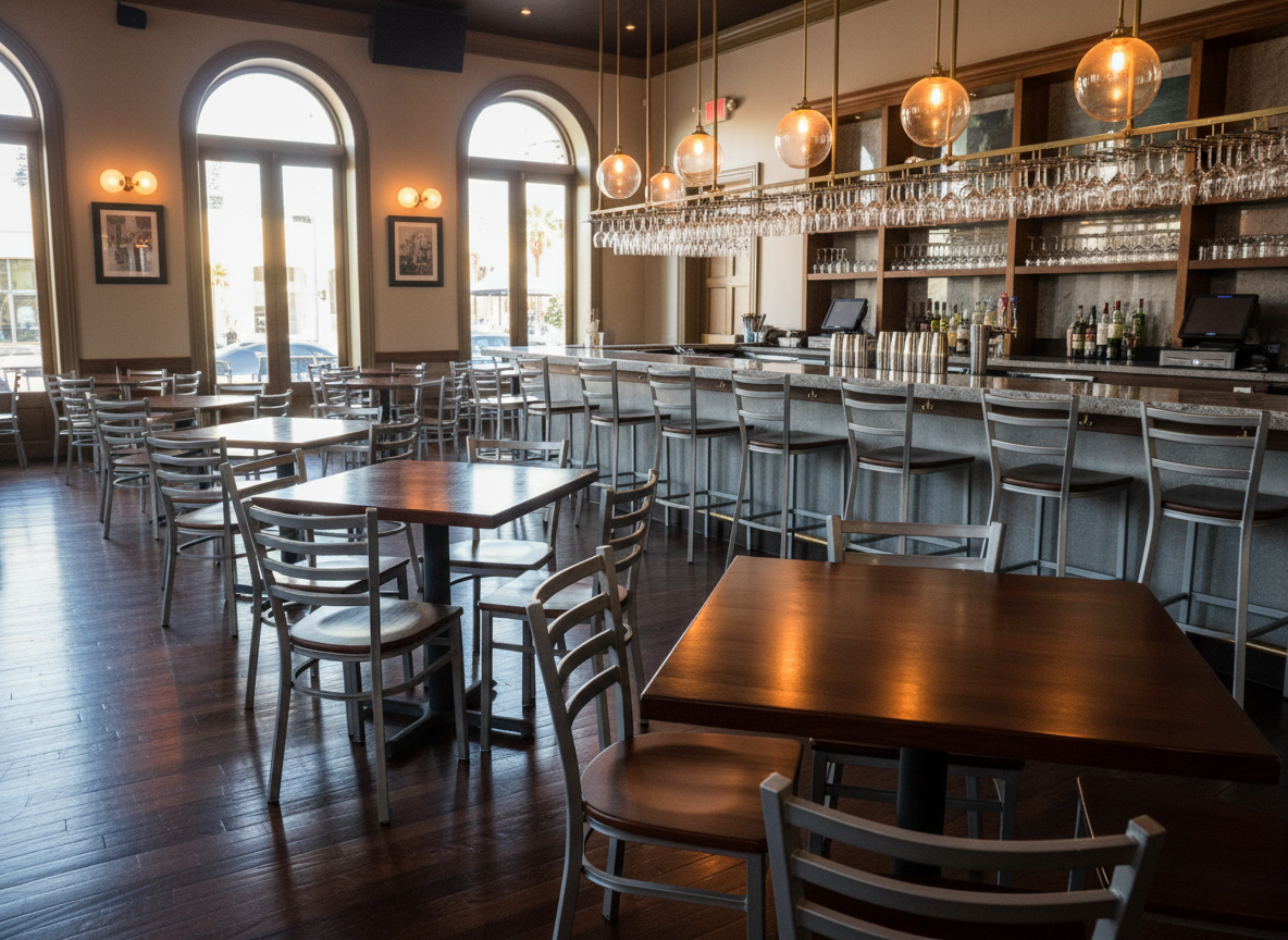 A meticulously clean restaurant dining area just before opening, featuring neatly arranged wooden tables with a satin finish and spotless metal chairs that reflect subtle highlights. The hardwood floor has a uniform, streak-free shine, with no crumbs or marks visible. In the background, a bar counter with polished stone surfaces and neatly aligned glassware glints under soft, warm pendant lighting. Shot from a slightly elevated angle with clear depth front to back, the photographic style highlights the contrast between the rich materials and their pristine cleanliness. The atmosphere feels fresh, hygienic, and welcoming, perfectly representing professional janitorial services for restaurants and bars in a busy San Diego nightlife district.