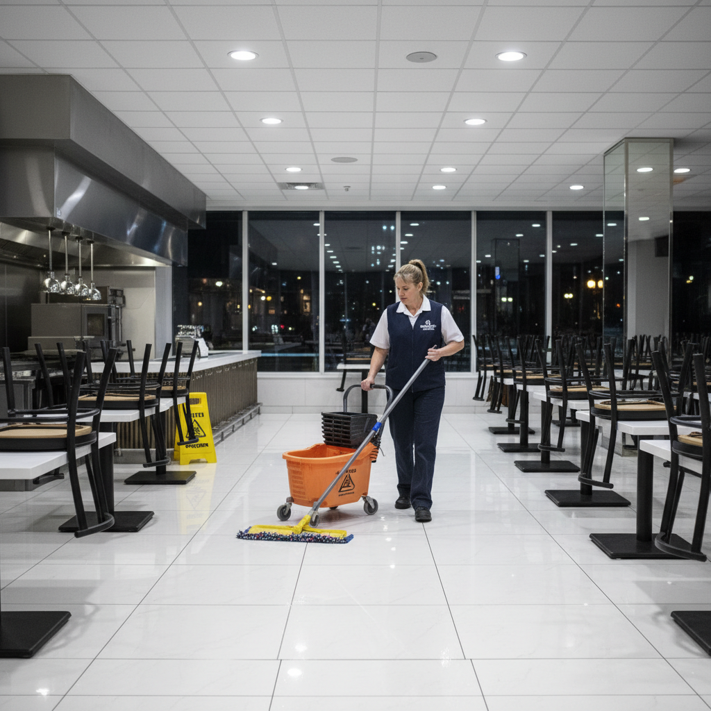 A professional janitor in uniform mopping a restaurant floor at night
