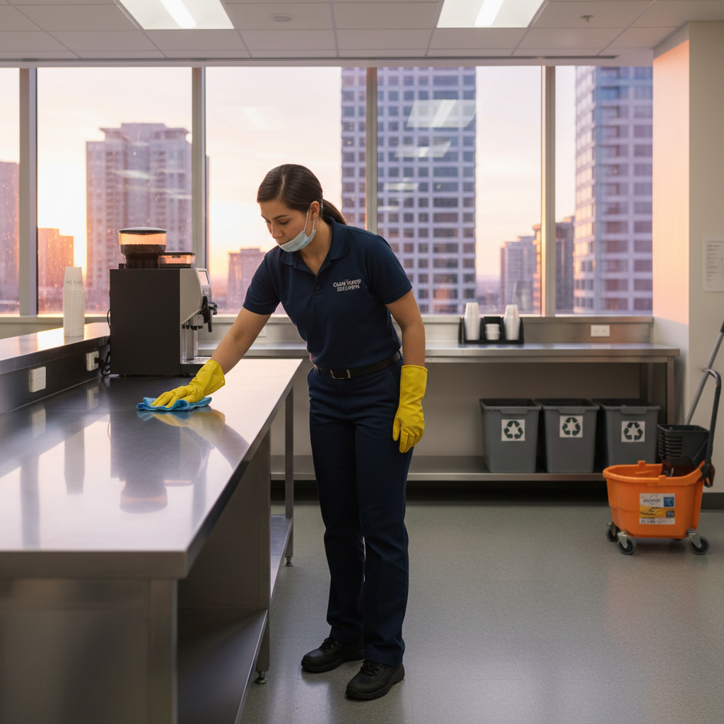 A professional cleaning crew member in uniform wiping down office surfaces